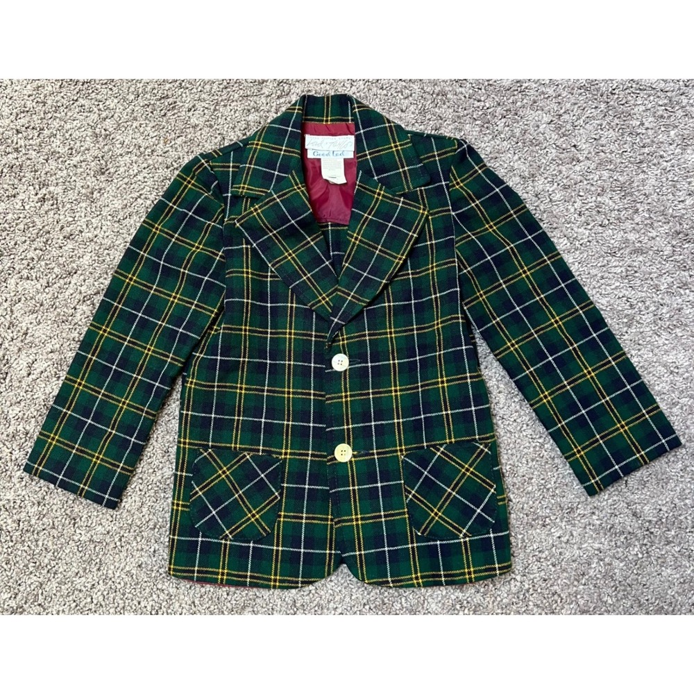 Vintage Good Lad Lord & Taylor Tartan Plaid Blazer Jacket Green Kid's Youth Sz 7